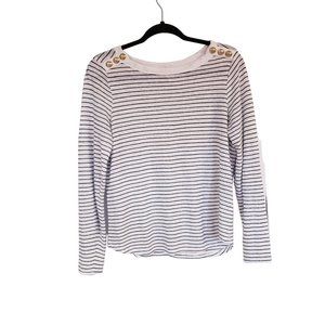 Chico's Linen top size Large‎ shoulder  gold button detail striped black white